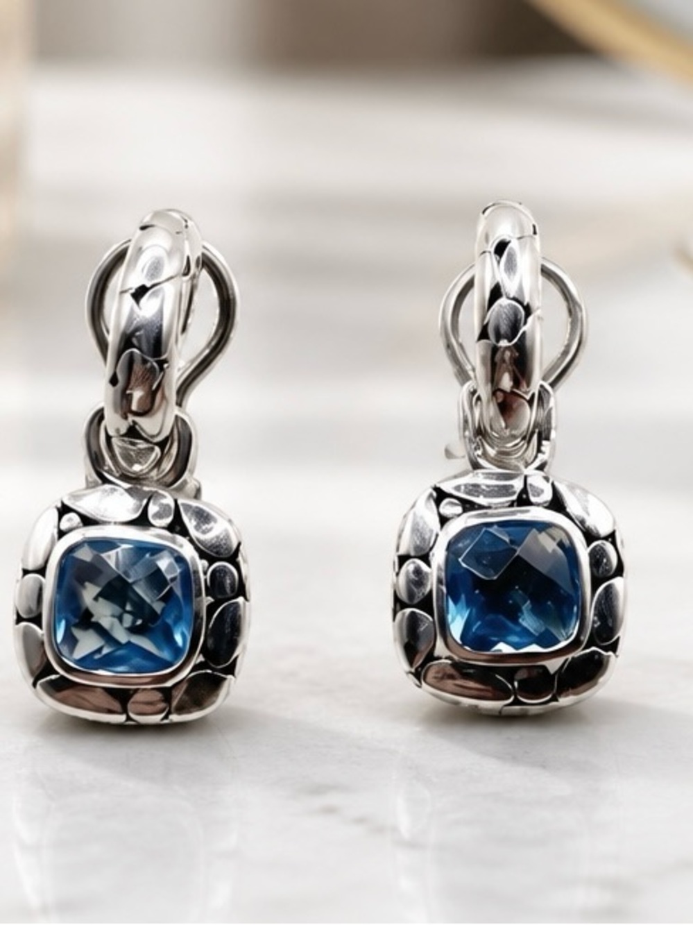 925 Sterling Silver Blue Glass Drop Earrings